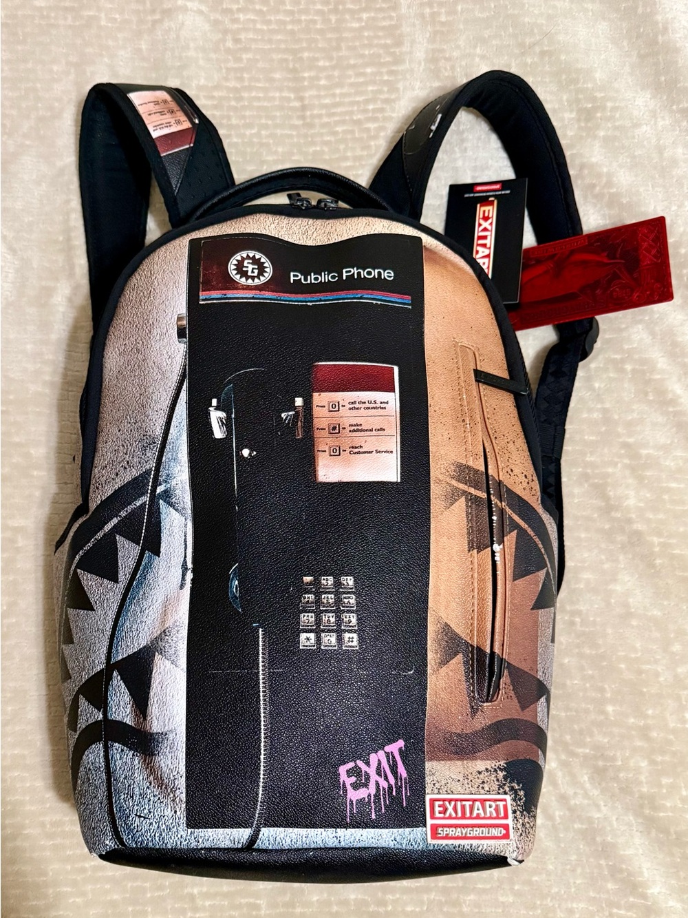 Sprayground Black, Beige & Red 'Public Phone' Graphic Backpack